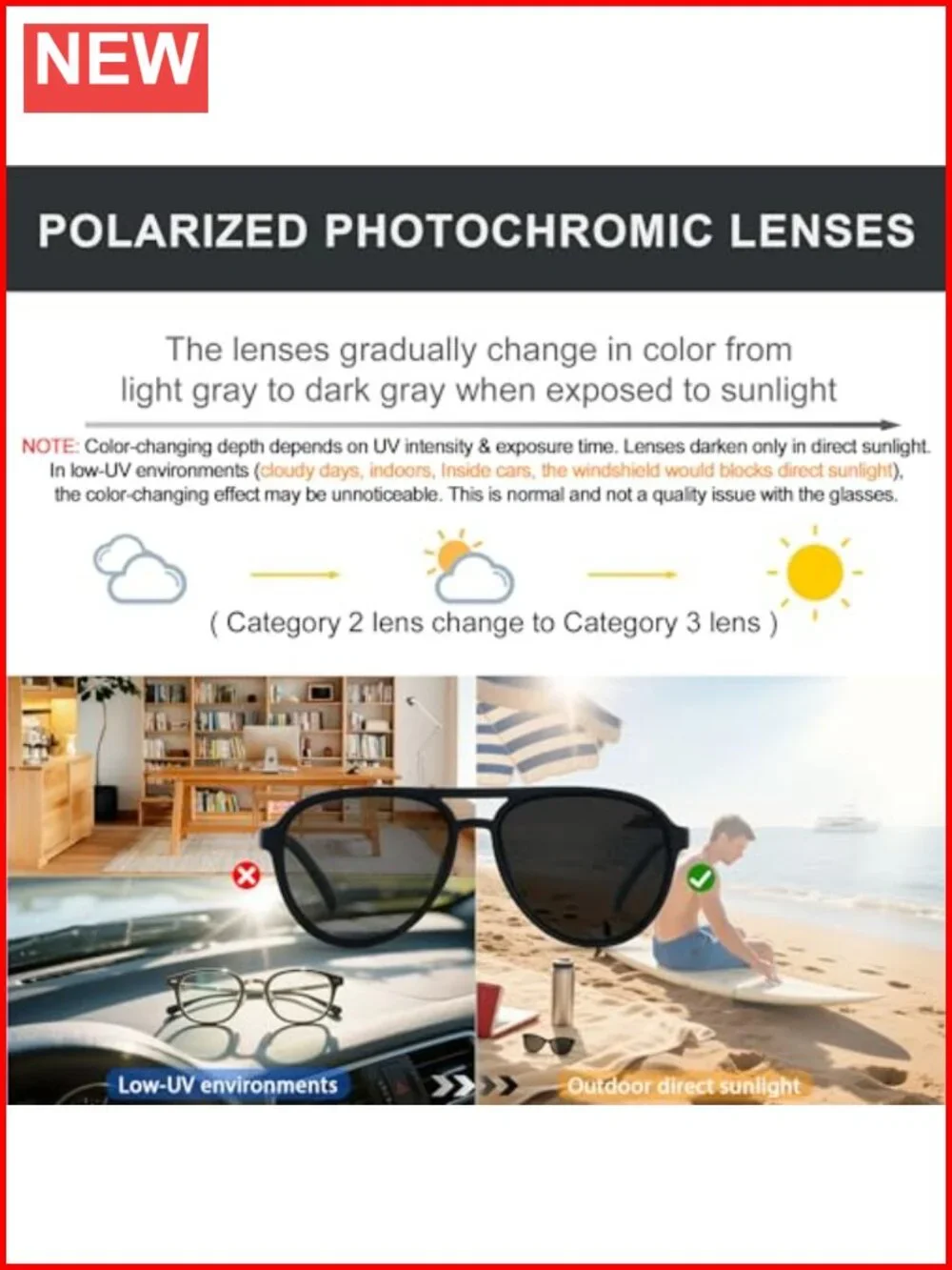 Unisex Retro Aviator Sunglasses Polarized Photochromic Square Frame UV
